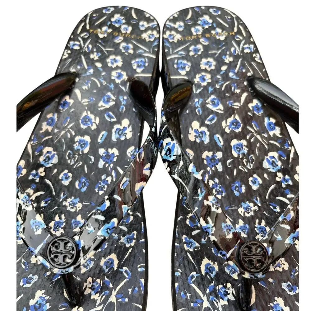 Tory Burch Printed Cut-Out Wedge Flip Flops Midnight Teapot NWOT Size 11